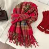 New Year Plaid Wool Scarf Tassel Red Long Shawl Warm Winter Knitted Scarves  Women/Men
