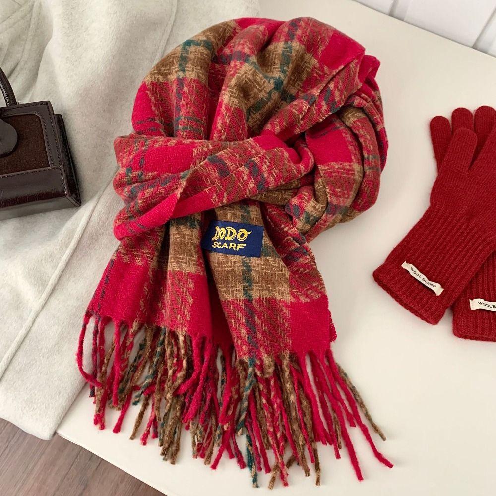 New Year Plaid Wool Scarf Tassel Red Long Shawl Warm Winter Knitted Scarves Women/Men