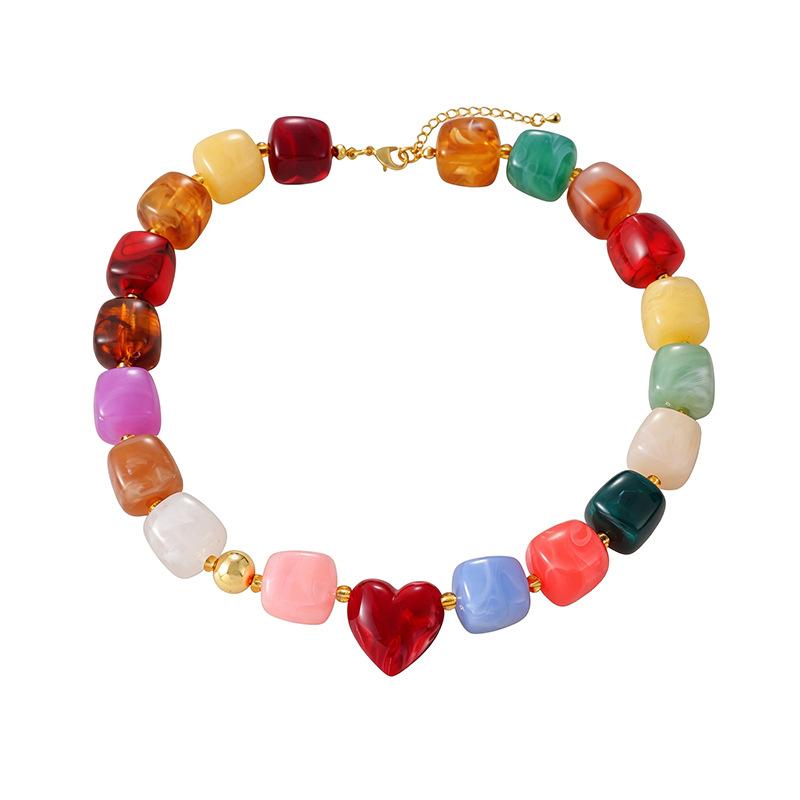 Colorful Beaded Necklace for Women Bohemian Resin Chunky Chain Heart Pendant Necklaces Statement Summer Jewelry Party Gift
