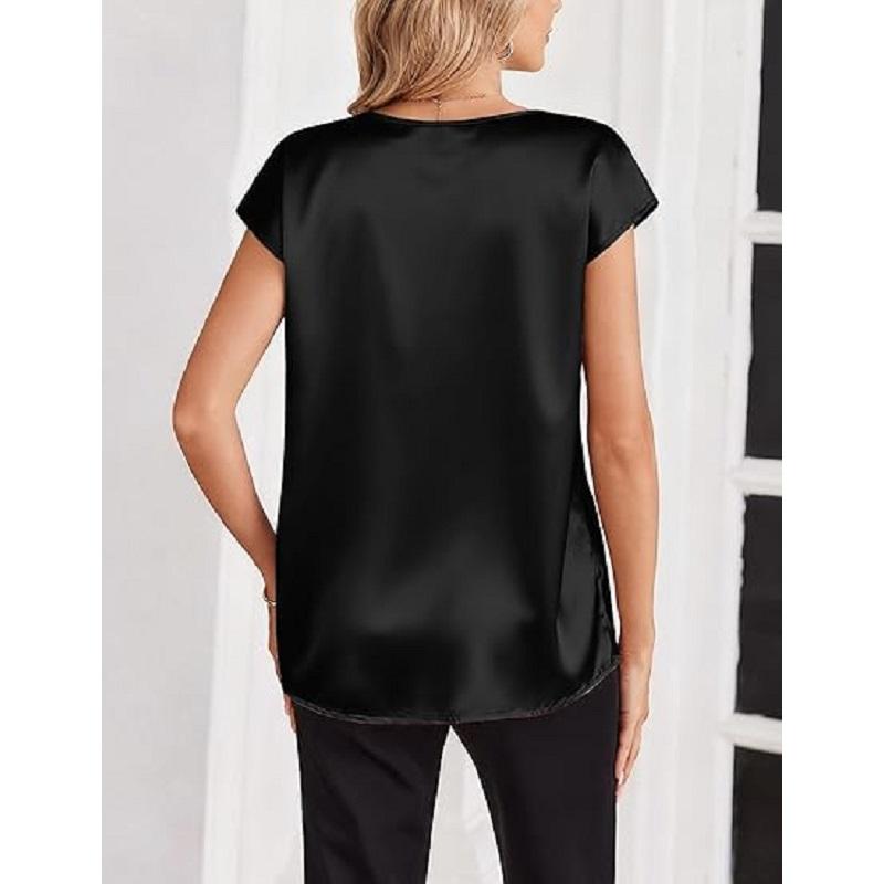 Women Summer T-shirts V-neck Short Sleeve Satin Tee Tops Ladies Casual Top Shirt