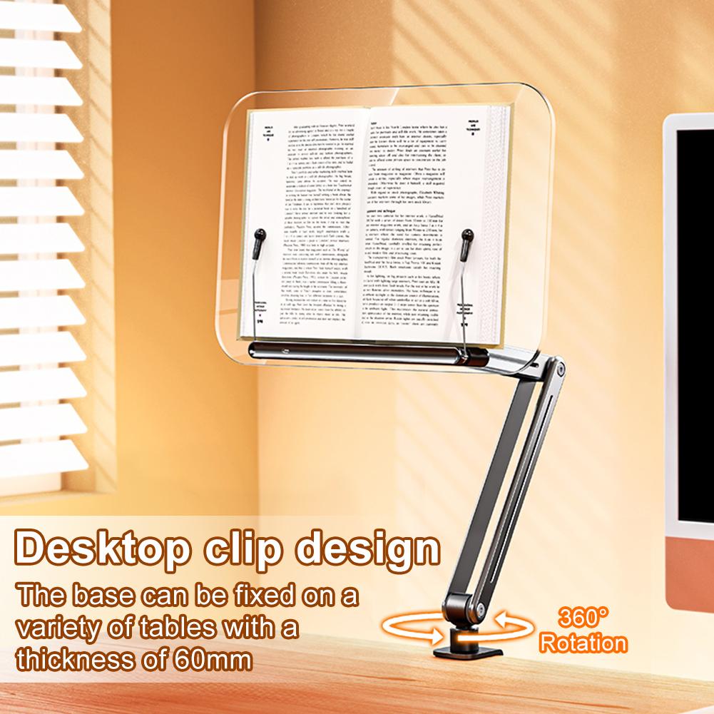 Acrylic Book Stand Adjustable Height Desk Clamp Book Stand 360° Rotating Foldable Book Support for Recipe Sheet Music Tablet