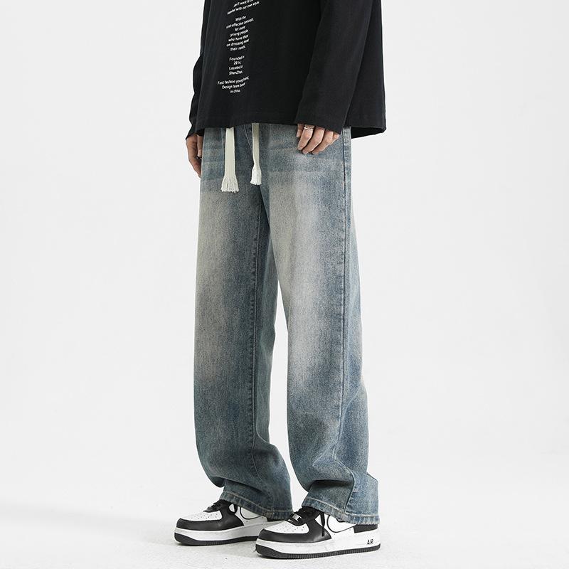 2026 New Vintage Drawstring Jeans for Men, Washed, Loose Fit, Versatile Workwear Trousers