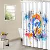 Vibrant Cityscape Shower Curtain - Cyclists & Umbrellas, Dynamic Urban Design, Polyester, 12 Hooks,  Modern Bathroom Decor