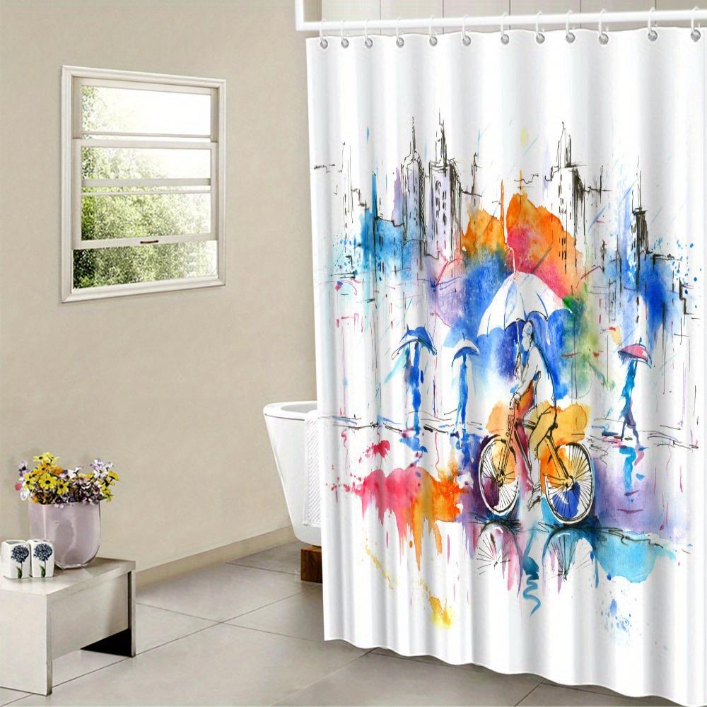 Vibrant Cityscape Shower Curtain - Cyclists & Umbrellas, Dynamic Urban Design, Polyester, 12 Hooks,  Modern Bathroom Decor W90xH180cm