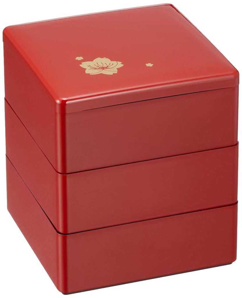 Wakaizumi Cherry Blossom Design Lacquerware, 3-Tiered Box, 4-inch, Vermilion, (Black Interior), H-155-76-A