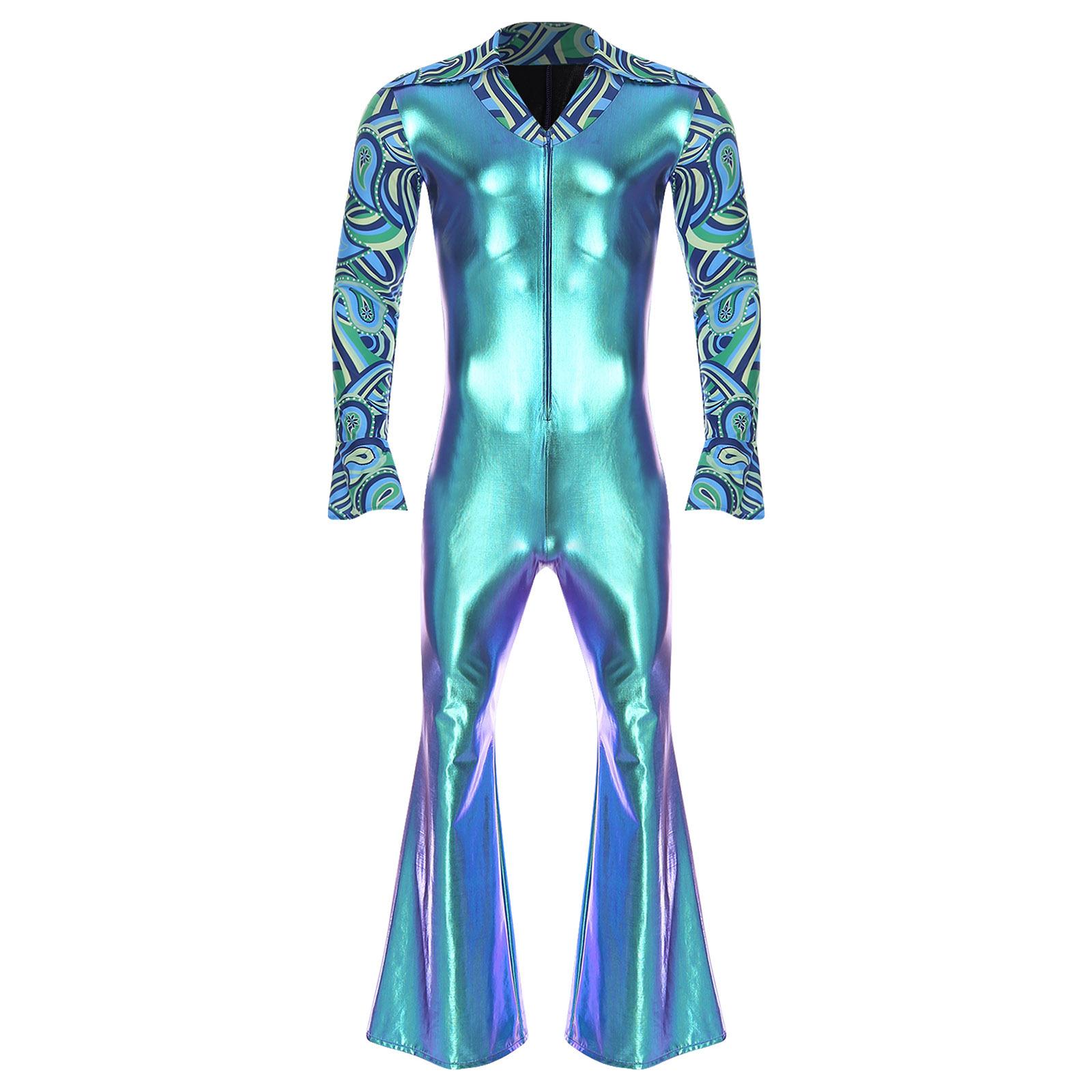 

Mens Hippie Rompers Lapel V Neck Flare Long Sleeve Split Cuffs Bell Bottom Pants Jumpsuit S синій