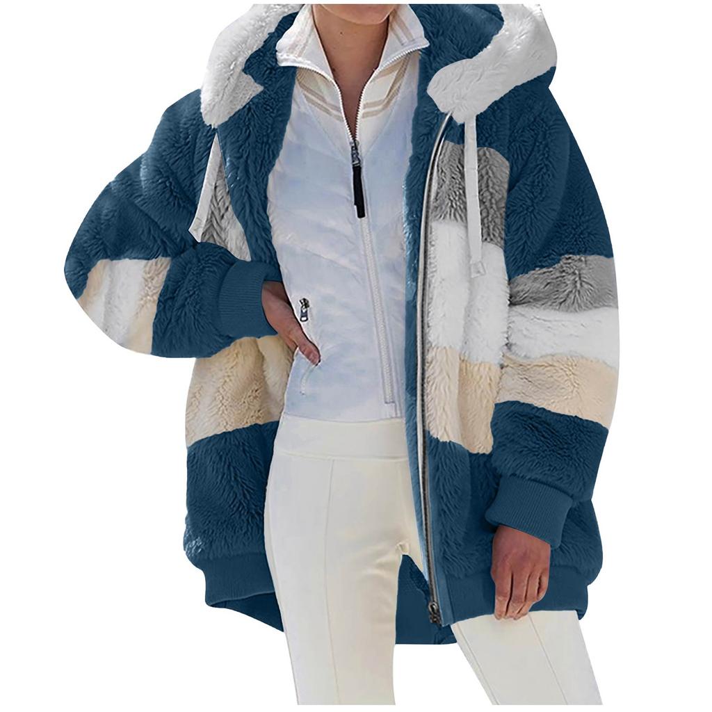 Women's Fashionable Warm Color Patchwork Hoodie Zipper Pocket Casual Jacket