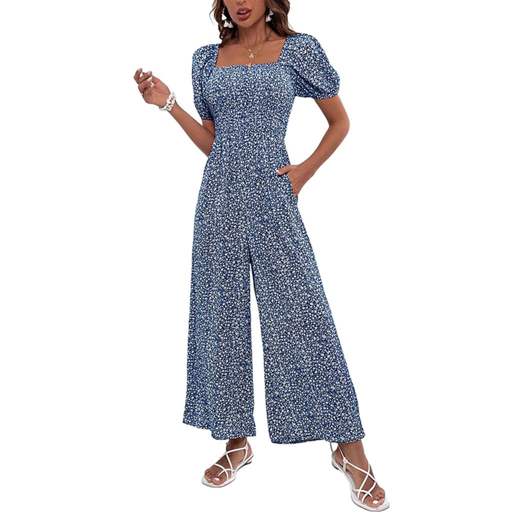 Women's Square Neck Puff Sleeve Wide Leg Printed Jumpsuit