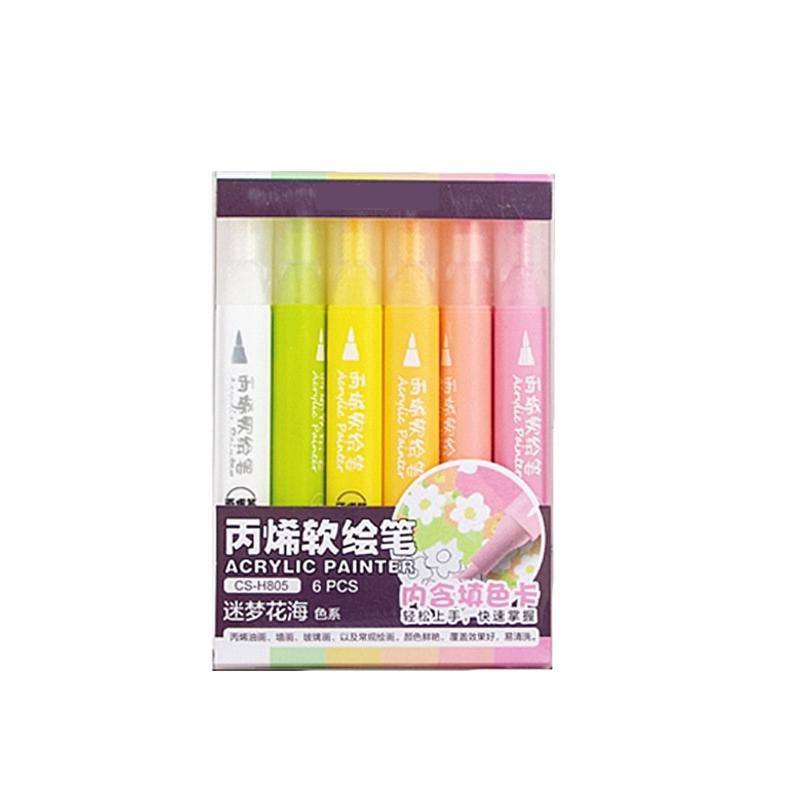 

6Pcs Acrylic Marker 6 Color Acrylic Paint Pen Brush Marker for Painting on Wood Glass Fabric Metal Stone Scrapbooking