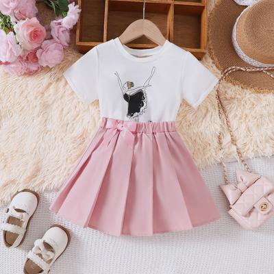 2-8Y Children's Clothing Girls Spring and Summer New Printed T-shirt + Pleated Skirt Leisure Suit Girls Short-sleeved
