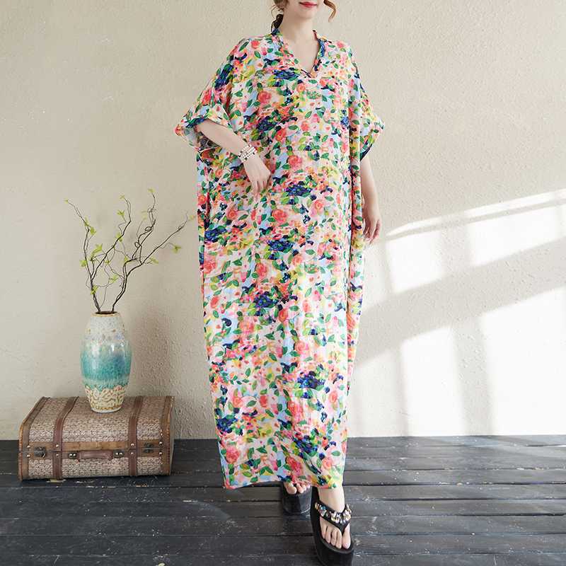 

Женское летнее цветочное платье макси в стиле бохо с вырезом на шее Дышащее хлопково-льняное отпускное платье для путешествий One Size