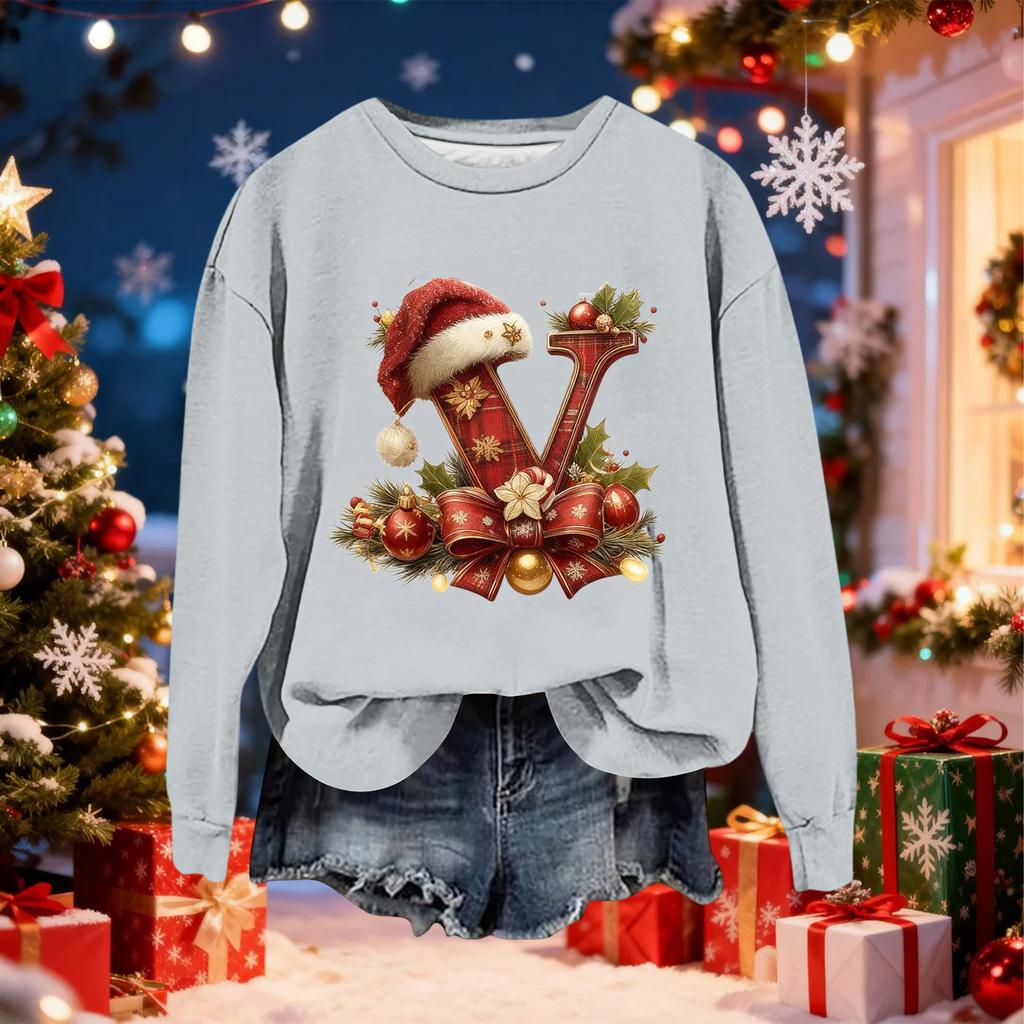 Women's Fashionable Casual Long-Sleeved Christmas Letter Print Crew-Neck Sweatshirt