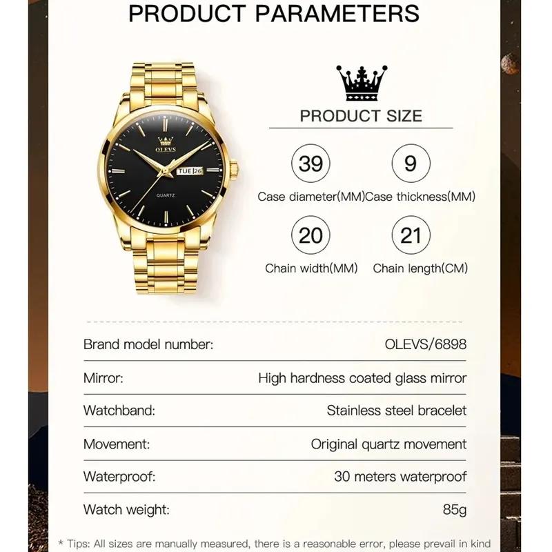 OLEVS Ceasuri de lux pentru bărbați, din oțel inoxidabil, rezistent la apă, calendar săptămânal, ceas cu quartz, original, luminos, simplitate