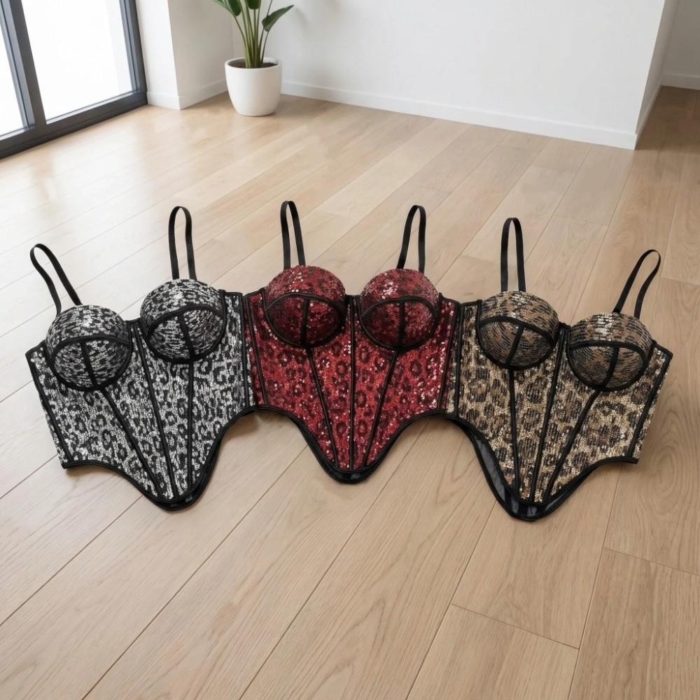 Slim Fit Sequin Leopard Corset with Buckle Crop Tops Fashion Suspender Vest Ladies