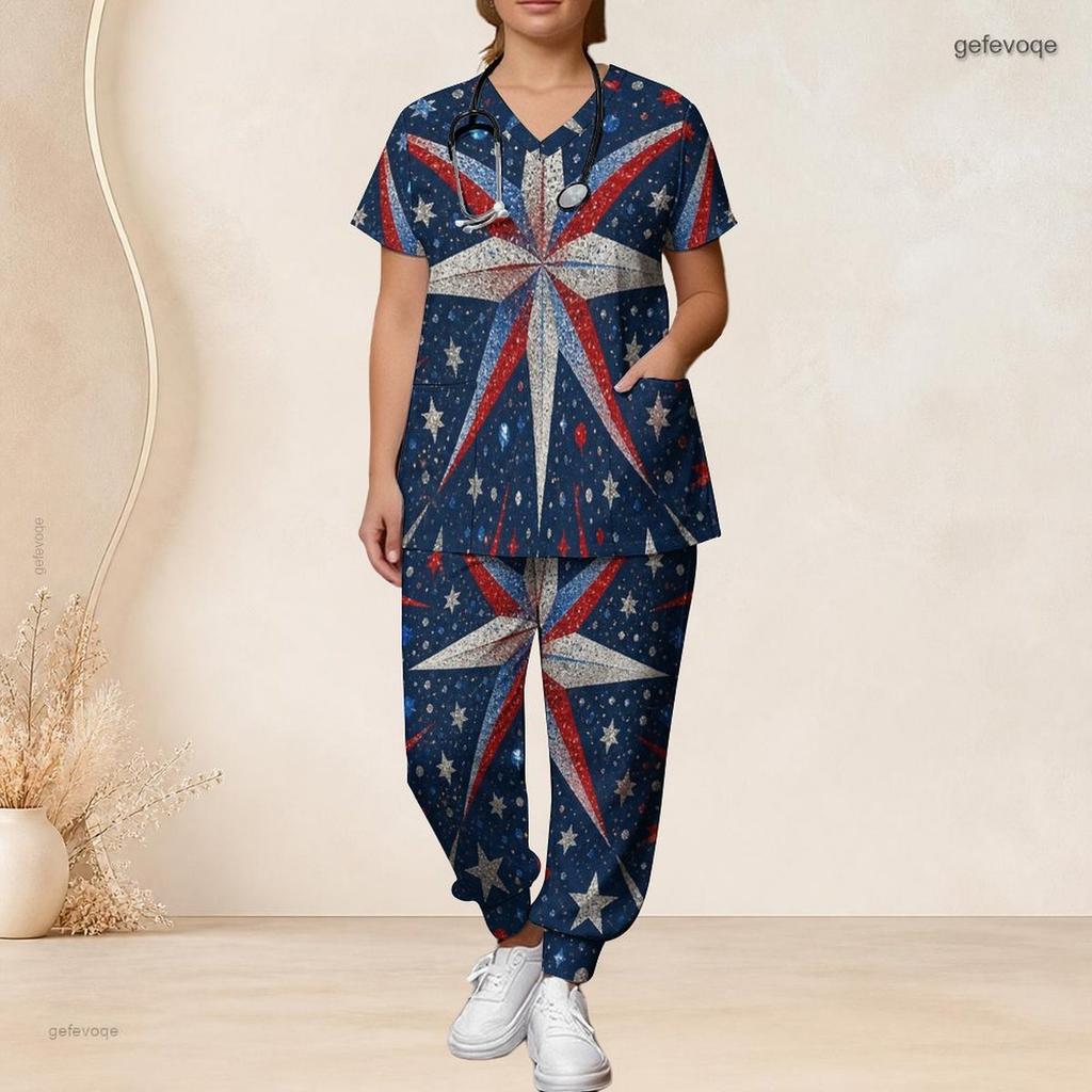 Women Plus Size V Neck Short Sleeve Scrub Set Red Blue Beige Radial Stripe Print Nurse Uniform Set