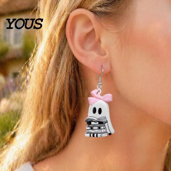 Fun Festival Jewelry Cute Reading Ghost Earrings, Sweet Bowknot Drop Polished Acrylic Charms Lightweight Halloween for Women Girls Decorative Holiday