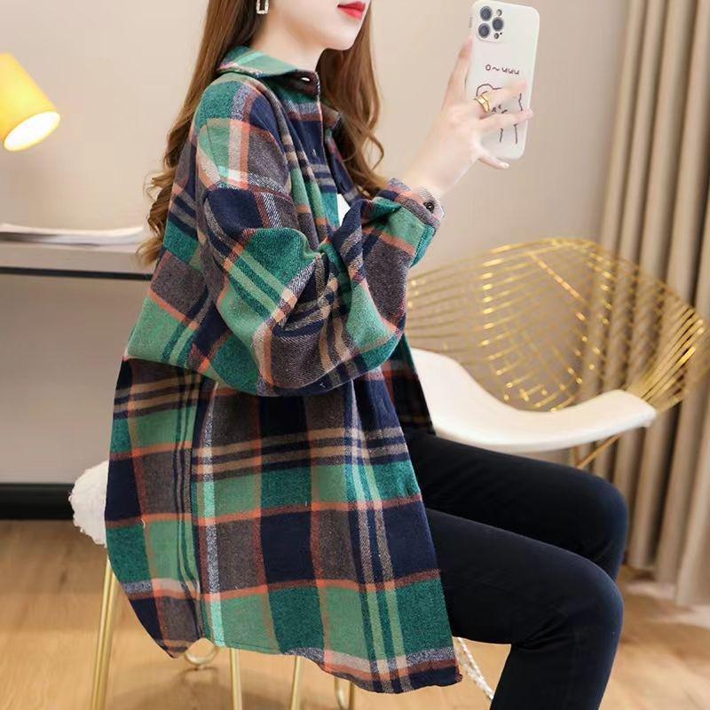Women's Oversized Mid-Length Plaid Wool Shirt Jacket - Hong Kong Style, Autumn/Spring Trend