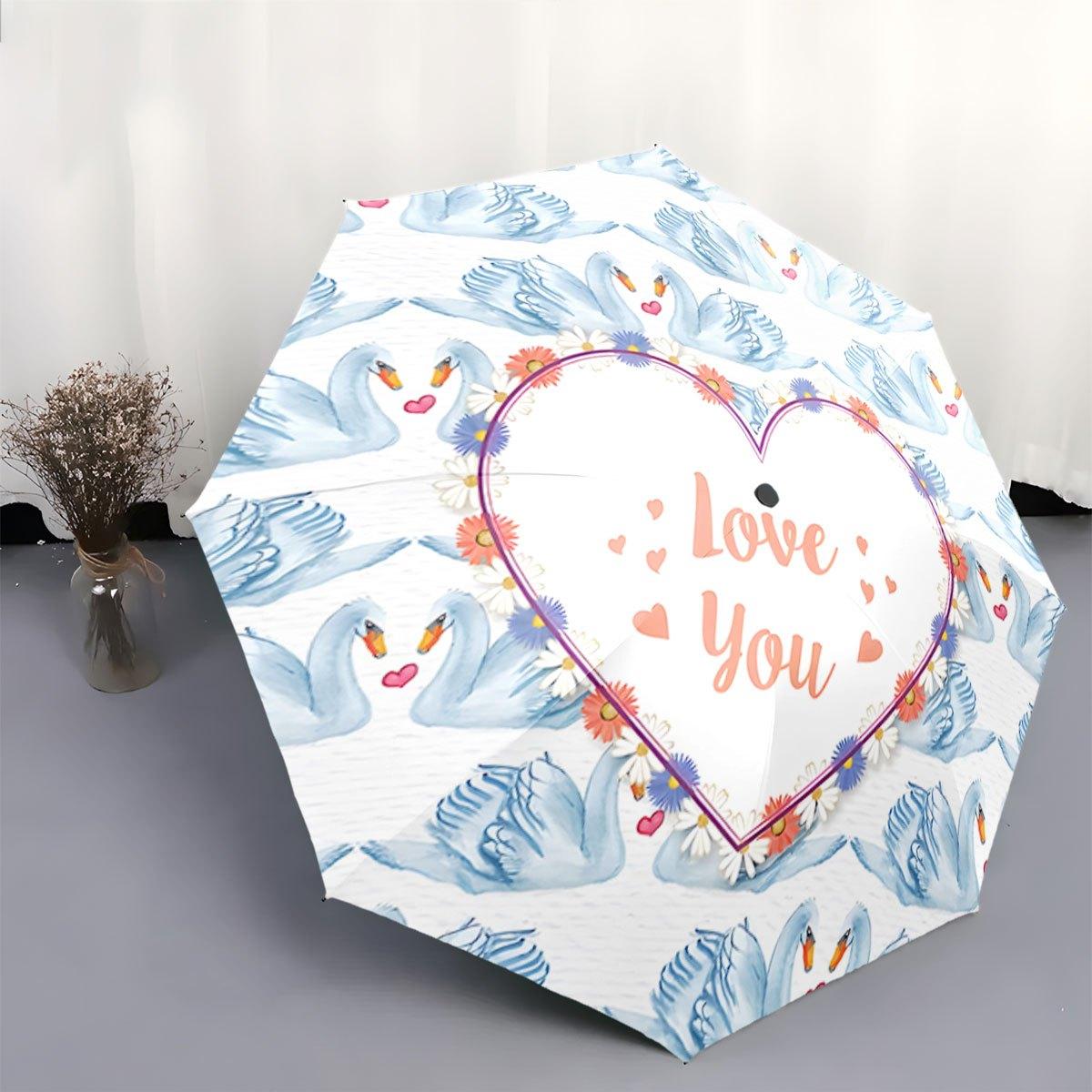 

Portable Folding Umbrella | Swan and Heart Pattern with Love You Floral Design | 2 Cloth Layers, 8 Ribs, Pongee Material, Au (as the picture,Iron&8K)