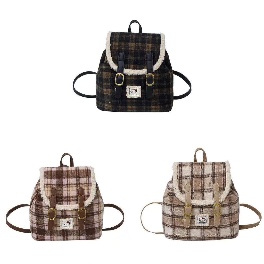 Plush Backpack With Vintage Plaid Design For Daily Use