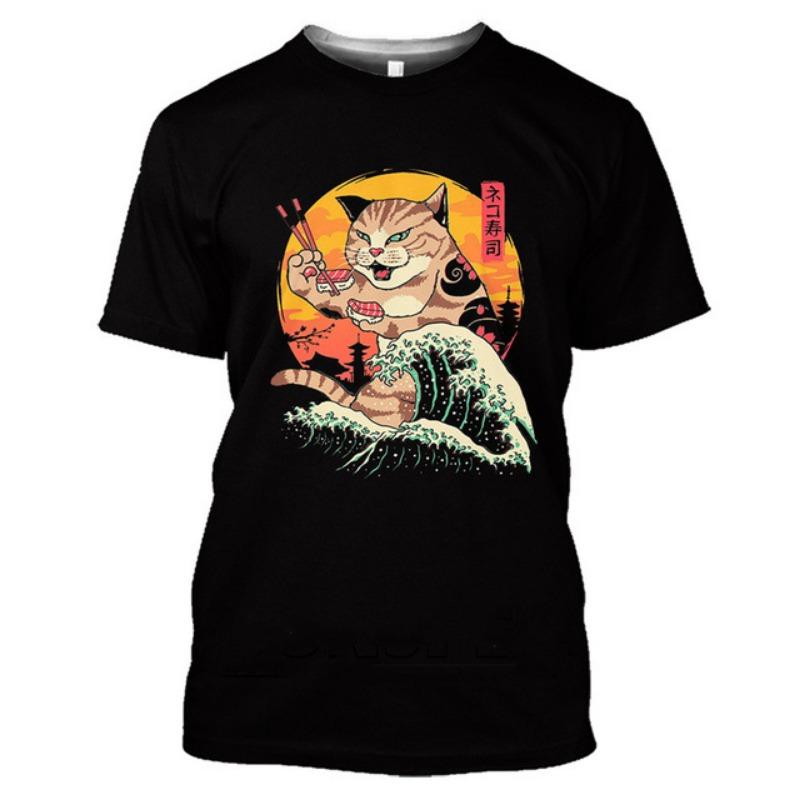 Trendy Summer Samurai Cat 3D Digital Printed Short Sleeved T-shirt for Men Women Shirt