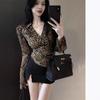 Retro Spice Girl Lazy Wind Premium Leopard Print Split Long Sleeve Top Trendy Foreign Sexy V-Neck Bottom Shirt Female Autumn