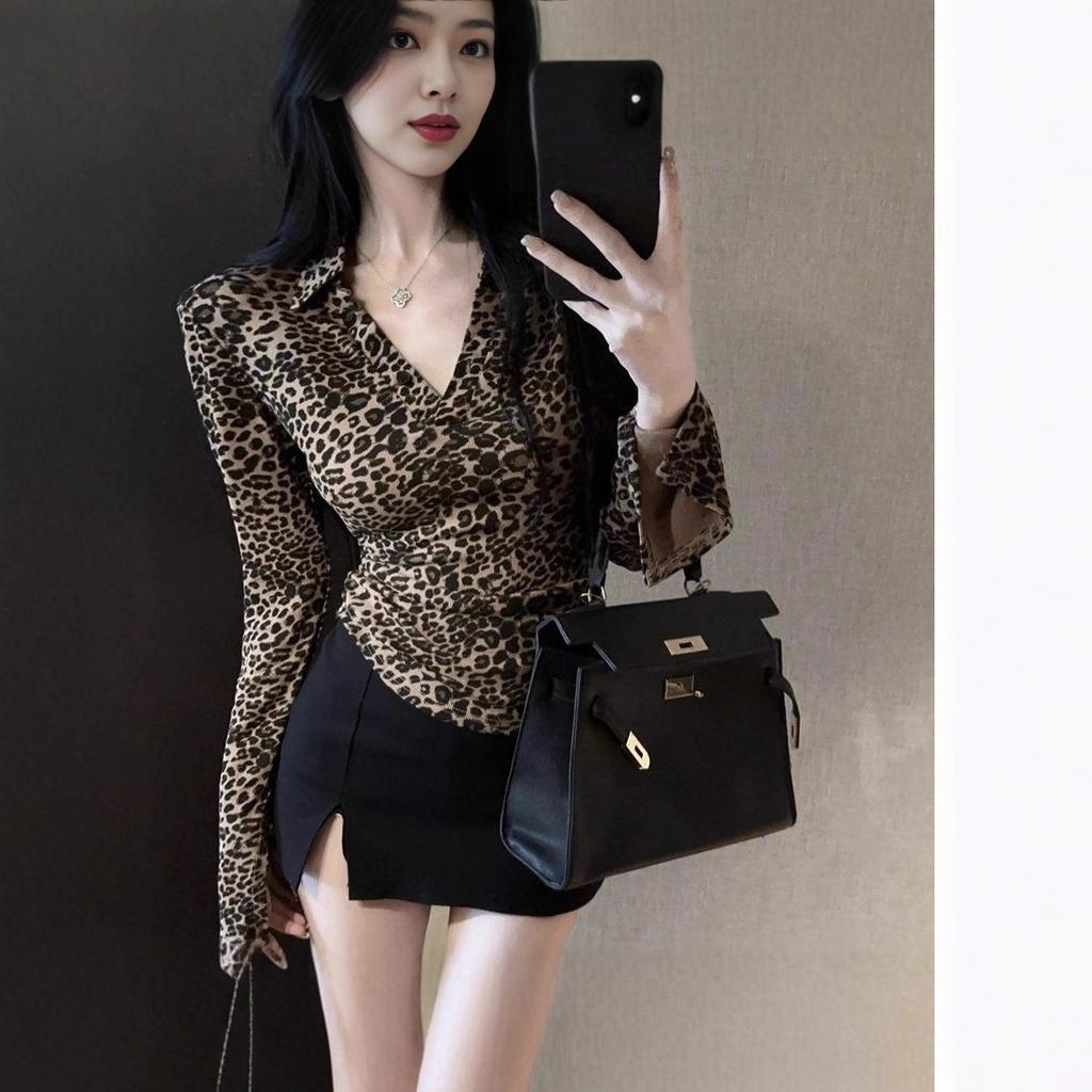Retro Spice Girl Lazy Wind Premium Leopard Print Split Long Sleeve Top Trendy Foreign Sexy V-Neck Bottom Shirt Female Autumn