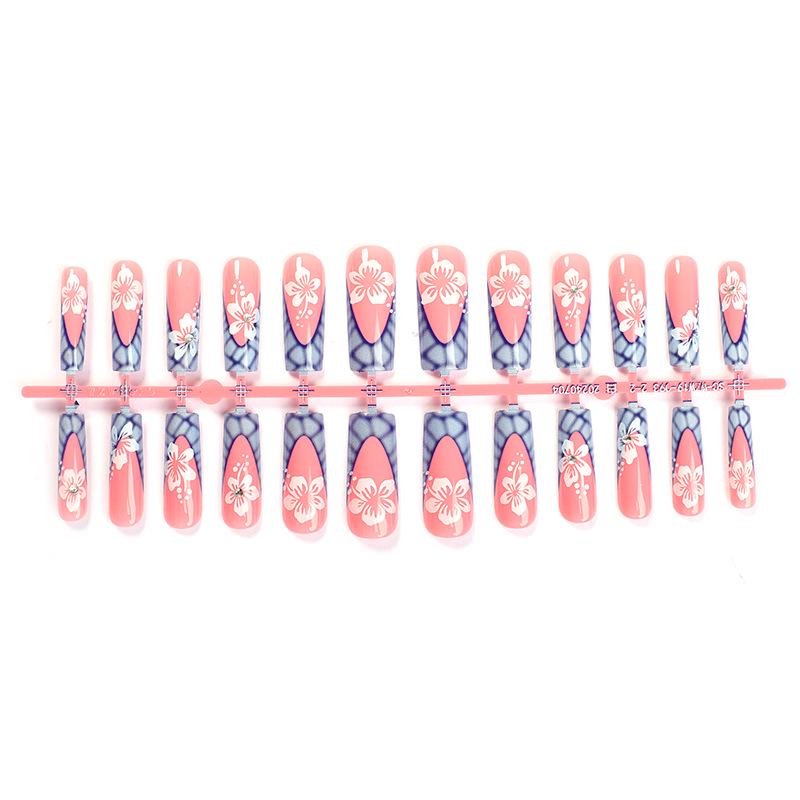 

Европейский и американский волновой узор Французские наклейки для ногтей с дизайном белых цветов – Элегантные носибельные накладные ногти