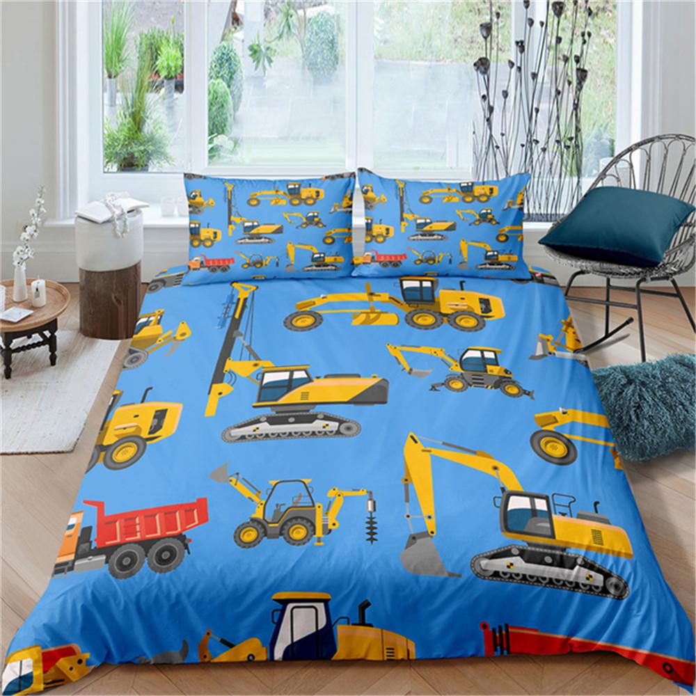 Comforter 2/3Pcs Simple Cartoons Car Bedding Set High Quality Child Excavator Crane Twin Single Full Queen King Size