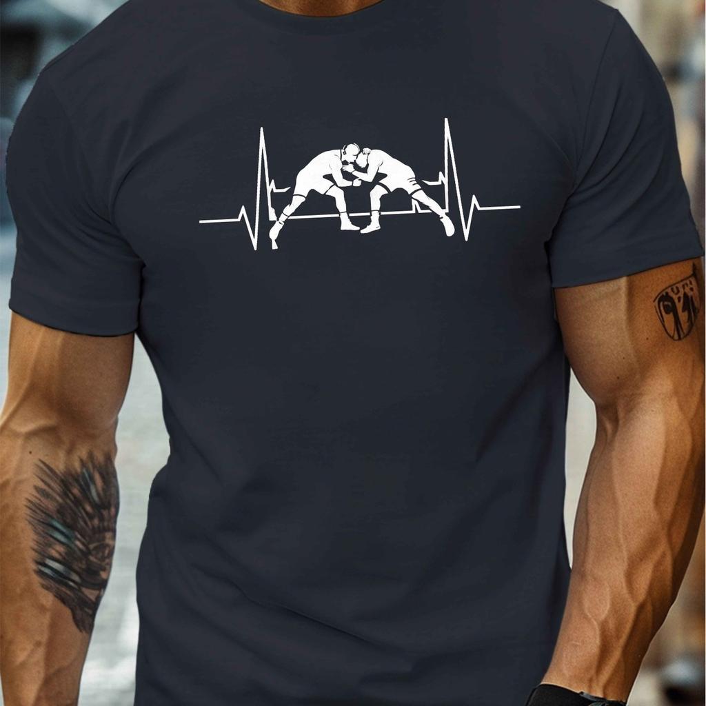 Wrestling Heartbeat Graphic Tee Men Casual Short Sleeve Crew Neck Cotton T Shirt Breathable Sports Shirt