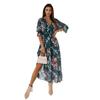 Women's Summer Dress Long Sleeve V-neck Side Slit Printed Long Dress