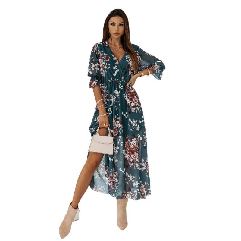 Women's Summer Dress Long Sleeve V-neck Side Slit Printed Long Dress