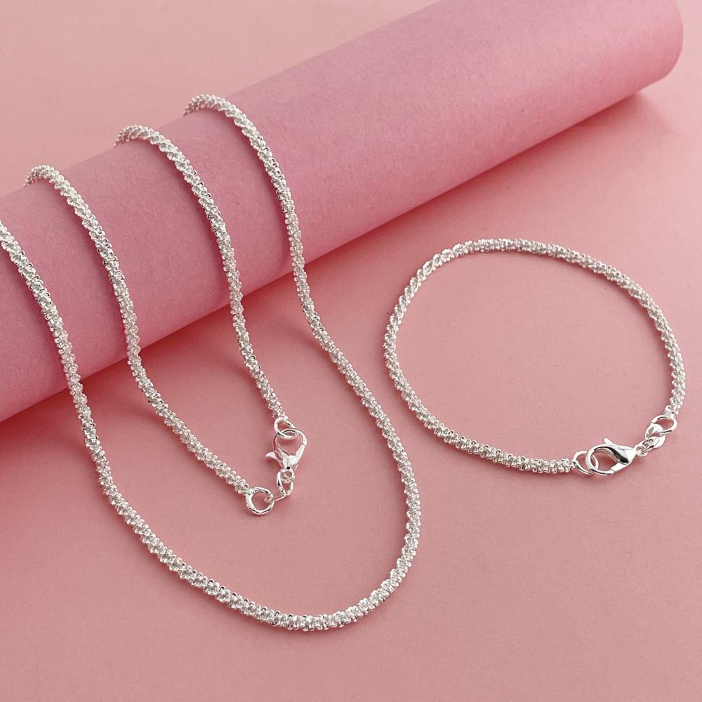 925 Silver 2mm Side Chain Necklace Set 7.5-32 Inch for Women Men Fashion Wedding Jewelry