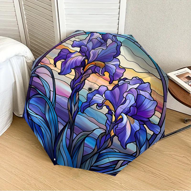

1PC Iris Stained Art Automatic 8-Bone Folding Umbrella - Durable Polyester & Iron Frame,Userfriendly Operation y250929102