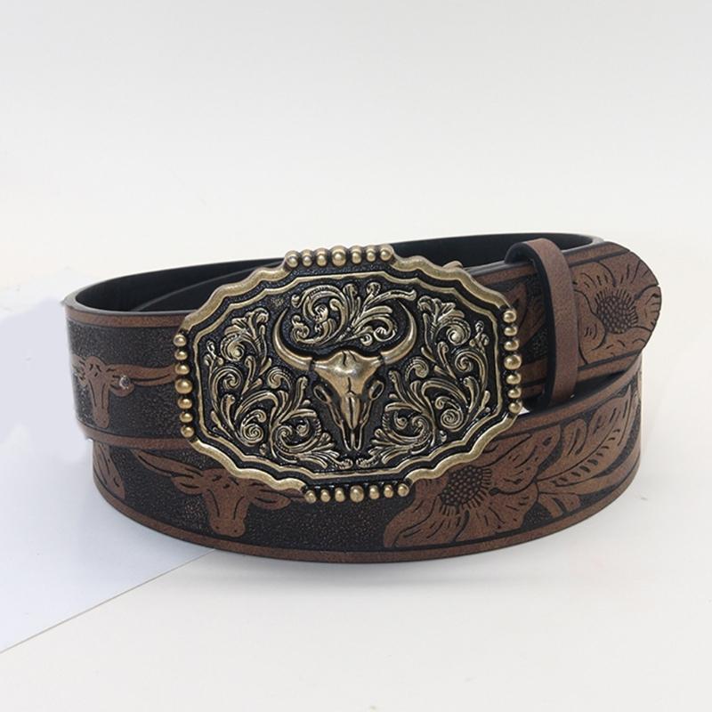 Embossed Pattern Wasitband Adjustable Belt For Daily Use And Outdoor Activity with Metal Bull Head Buckles for Men Women