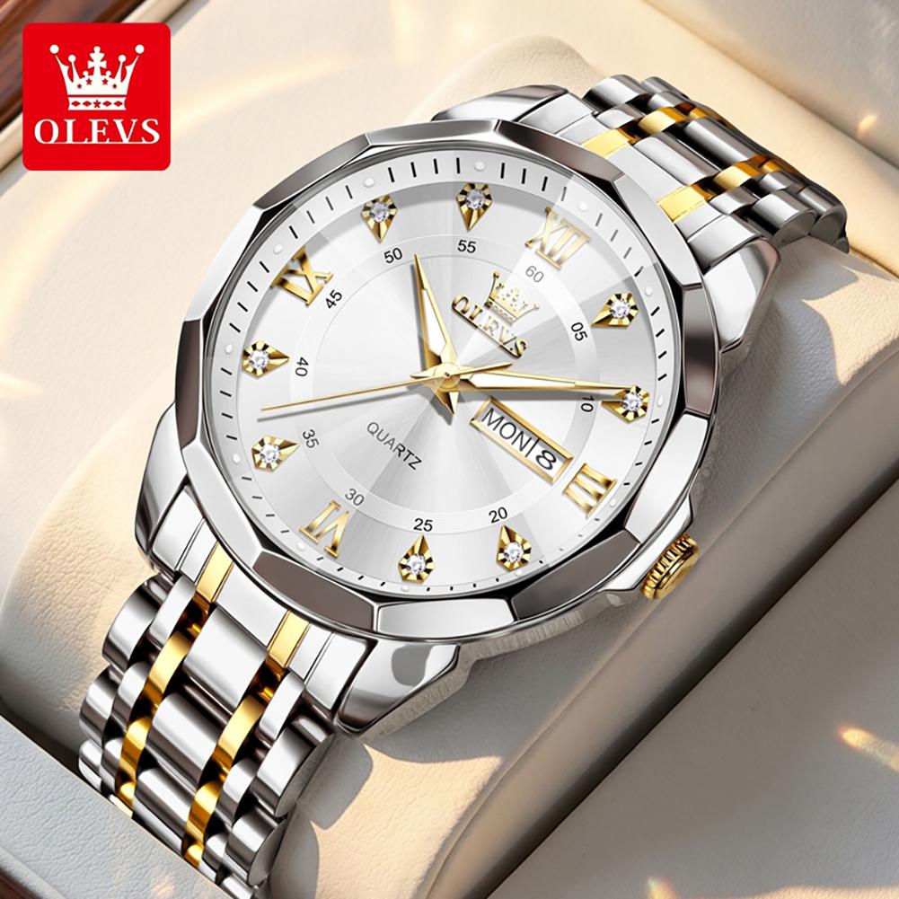 OLEVS Watch for Men Solid Steel Strap Fashion Rhombus Mirror Dual Calendar Business Men's Wristwatch Original Quartz Watch 3759
