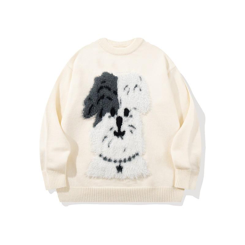 Womens Oversized Cartoon Dog Jacquard Knit Sweater Winter Loose Warm Pullover Top
