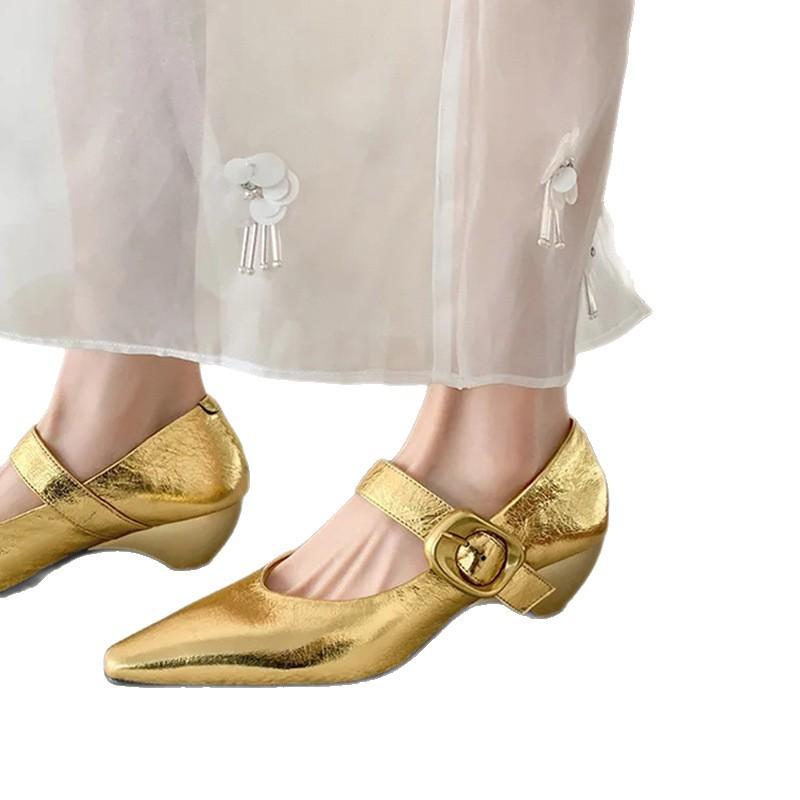 Cowhide version French retro gold buckle leather pointed thick heel light mouth single shoes women's one-word buckle with wedge heel Mary Jane shoes
