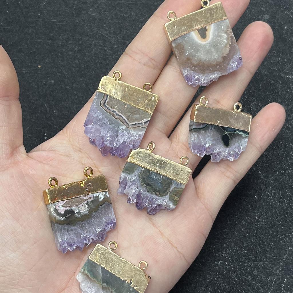 1Pc, Unique Natural Amethyst Cluster Pendant with Agate Layer, Golden Plated Crystal Charm for DIY Necklace Jewelry Making, 24×30mm
