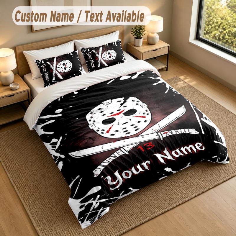3Pcs Bedding Set Custom Name Text, 1 Sheet 2 Pillowcases Home Bed DecorFriday the 13th Jason Voorhees