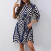 Summer Autumn Dress for Women Vintage Stripe Print Loose Fashion Elegant Waist Cinched Half Sleeve Dresses Office Lady Clothing