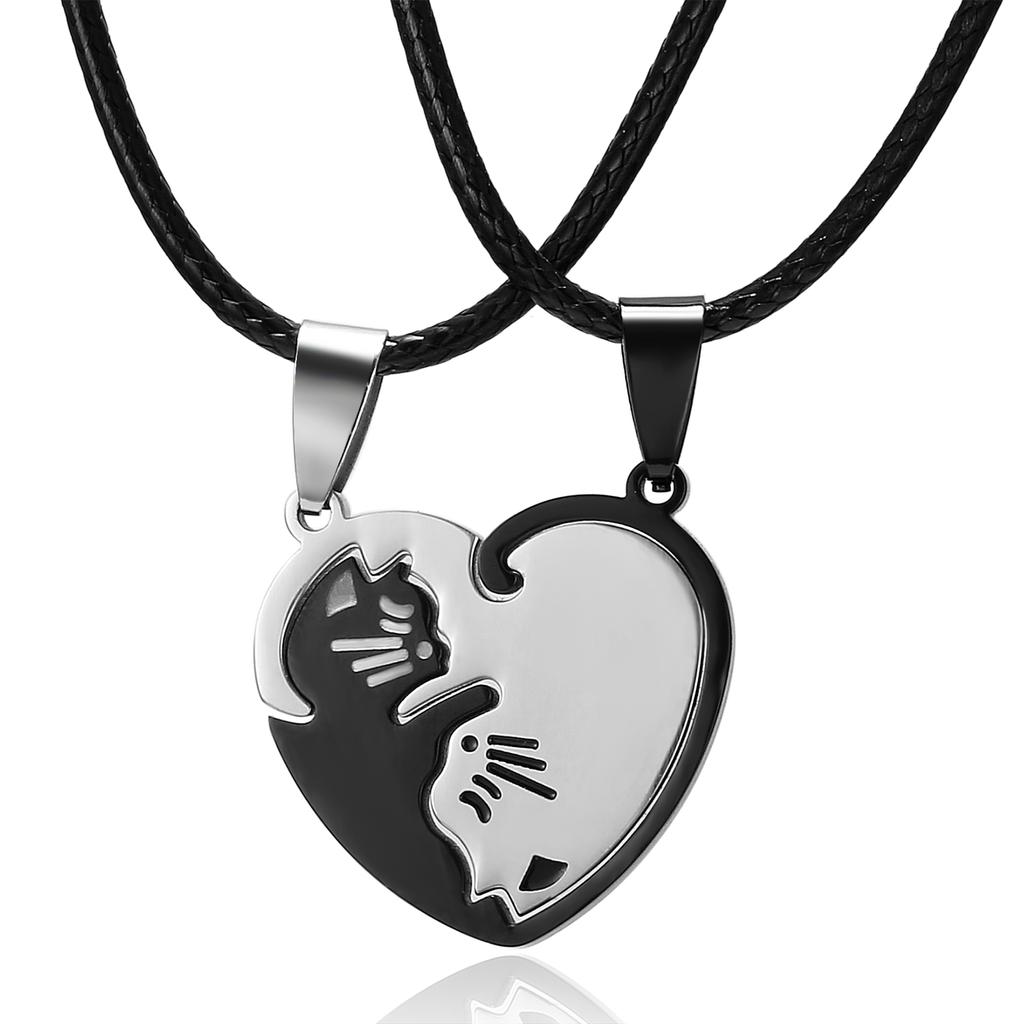 Animal Pendant Black White Cat Stitching Necklace Simple Friendship Gift Heart Shape White Cat Cute Couple Jewelry Necklace