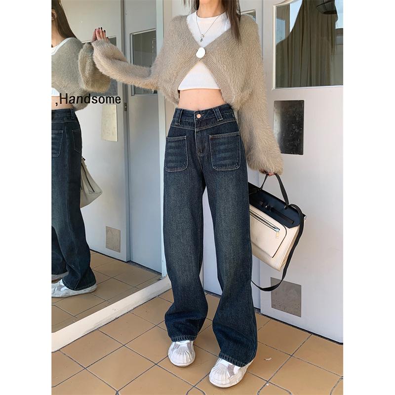 Nowe dżinsy z wysokim stanem, retro, z szerokimi nogawkami, wyszczuplające, dla drobnych studentek