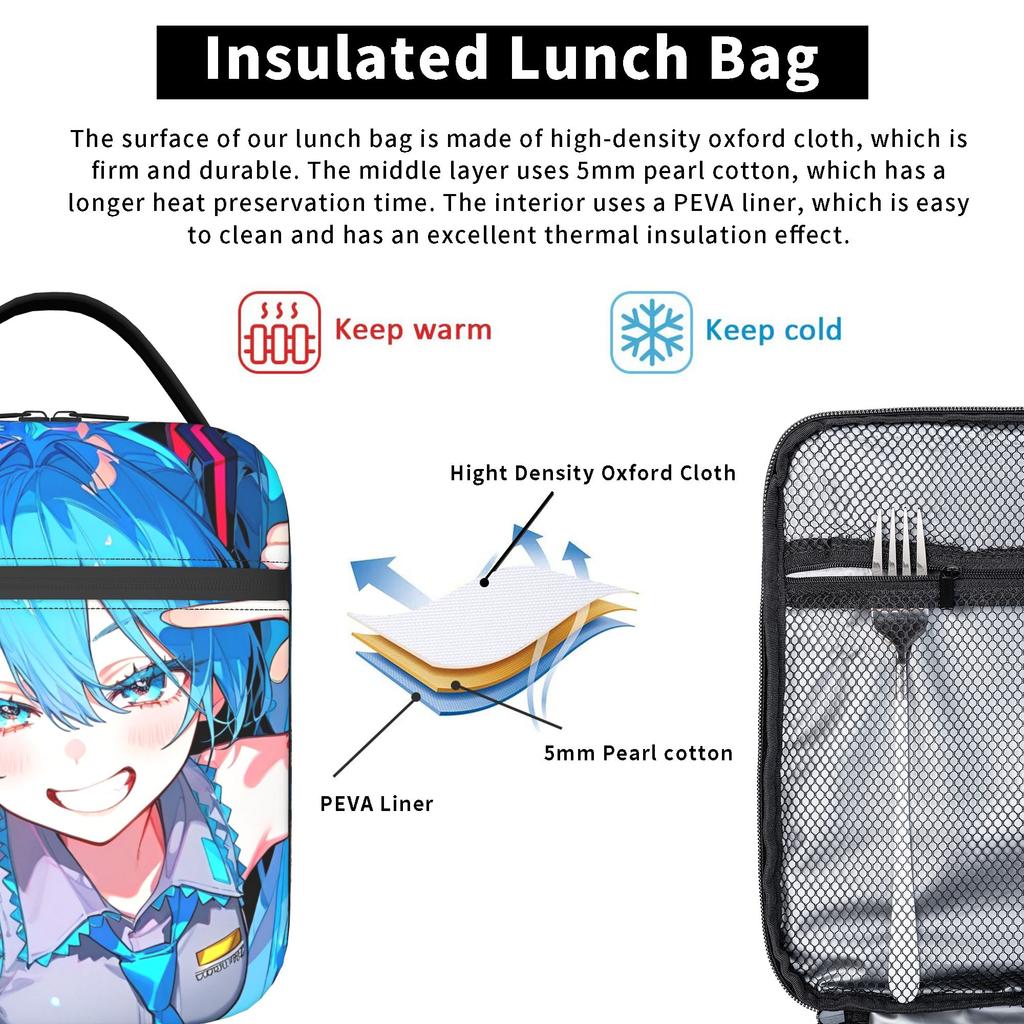Hatsune Miku  Insulated Lunch Bags Cooler Bag ,Meal Container Anime Manga High Capacity Tote Lunch Box Bento Pouch College