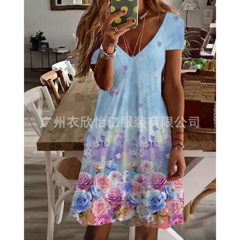 BITCED Women's Fashion Summer Spring Floral Print Short Sleeve V-Neck Casual Dresses