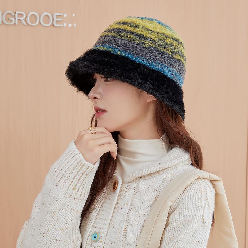 New warm ear protection bucket hat women's plush gradual change color matching basin hat autumn and winter wool knitted versatile bucket hat