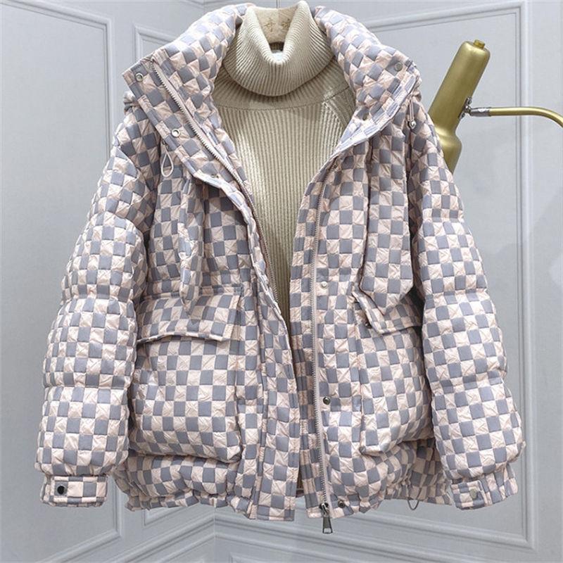 New Checkerboard Down Jacket Women's Short Hooded Loose Thickened White Duck Down Jacket Trend