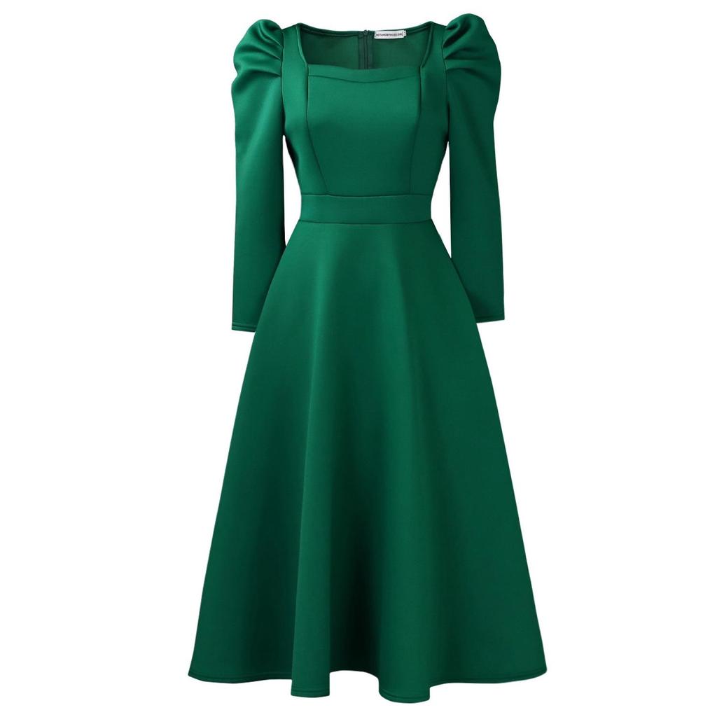 D3354 Autumn/Winter Women's Square Neck High Waist Evening Gown - Solid Color African Dress