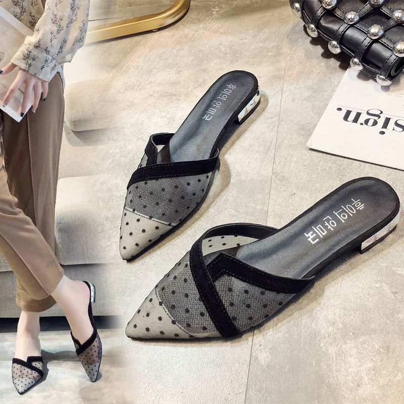 Fashion Shoes for Women Polka Dots Low Heel Woman Mules Slippers Mesh Pointed Toe Sexy Slides Waterproof Summer 2025 Trend Price Sandals