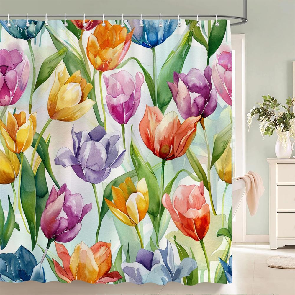 Tulip Flowers Print Shower Curtains Watercolor Boho Floral Waterproof Polyester Bathroom Bathtub Curtain Room Decor With Hooks