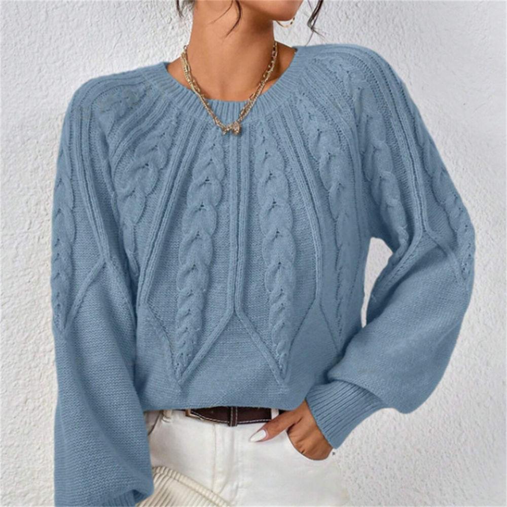 Women's Autumn/Winter Solid Color Cable Knit Sweater, Loose Crew Neck Lantern Sleeve Versatile Knit Top S-XL